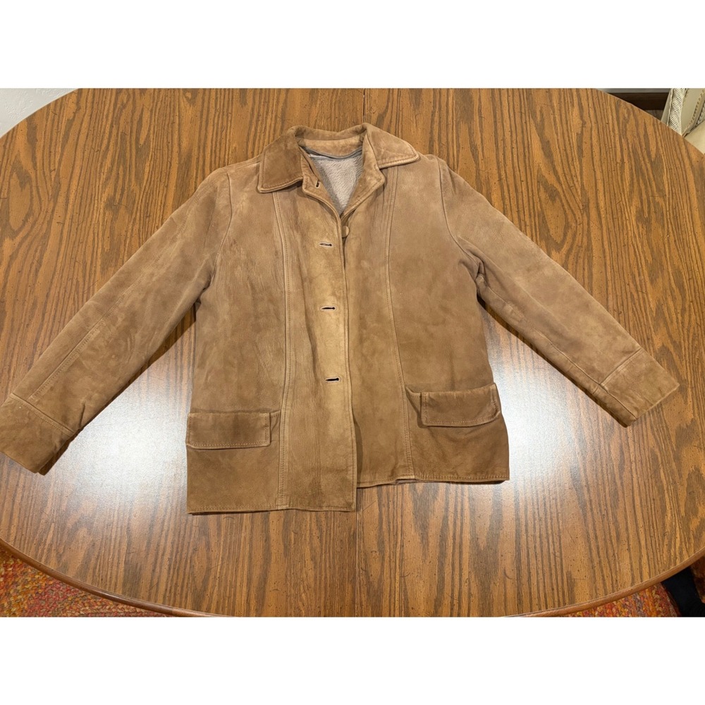 Vintage Tan Suede Leather Jacket Women Button Front Flap Pockets Brown Boho